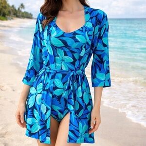 Vintage Roxanne Womens 1 Piece Swimsuit & Coverup Sz 12 Blue Floral Union Made